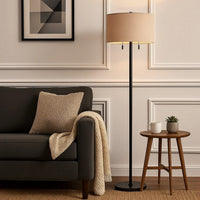 Metal Body Floor Lamp with Fabric Drum Shade and Pull Chain Switch, Black - BM220846