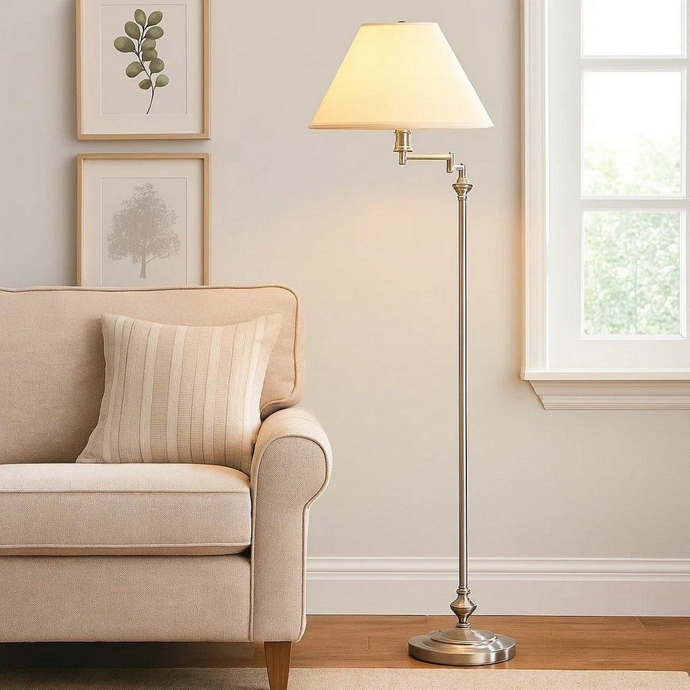 150 Watt Metal Floor Lamp with Swing Arm and Fabric Conical Shade, Silver - BM220860