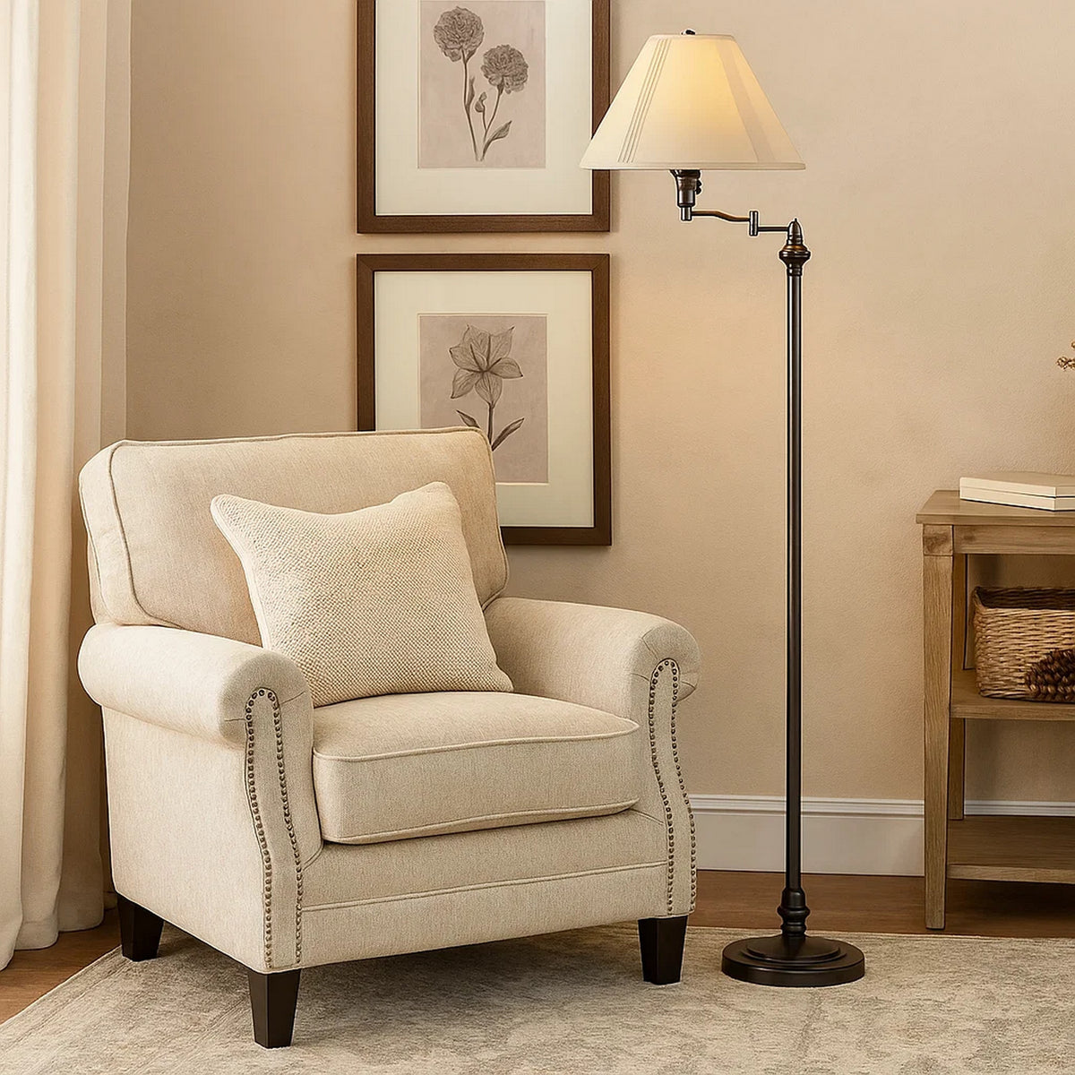 150 Watt Metal Floor Lamp with Swing Arm and Fabric Conical Shade, Black - BM220861