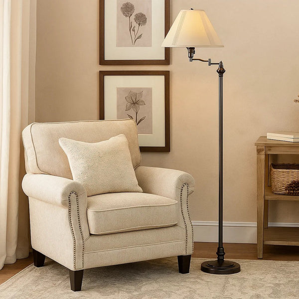 150 Watt Metal Floor Lamp with Swing Arm and Fabric Conical Shade, Black - BM220861