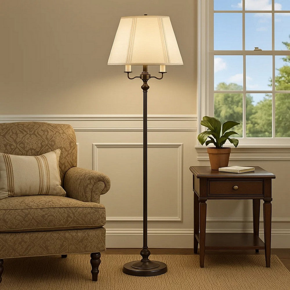 150 Watt 6 Way Metal Floor Lamp with Fabric Tapered Shade, Bronze - BM220864