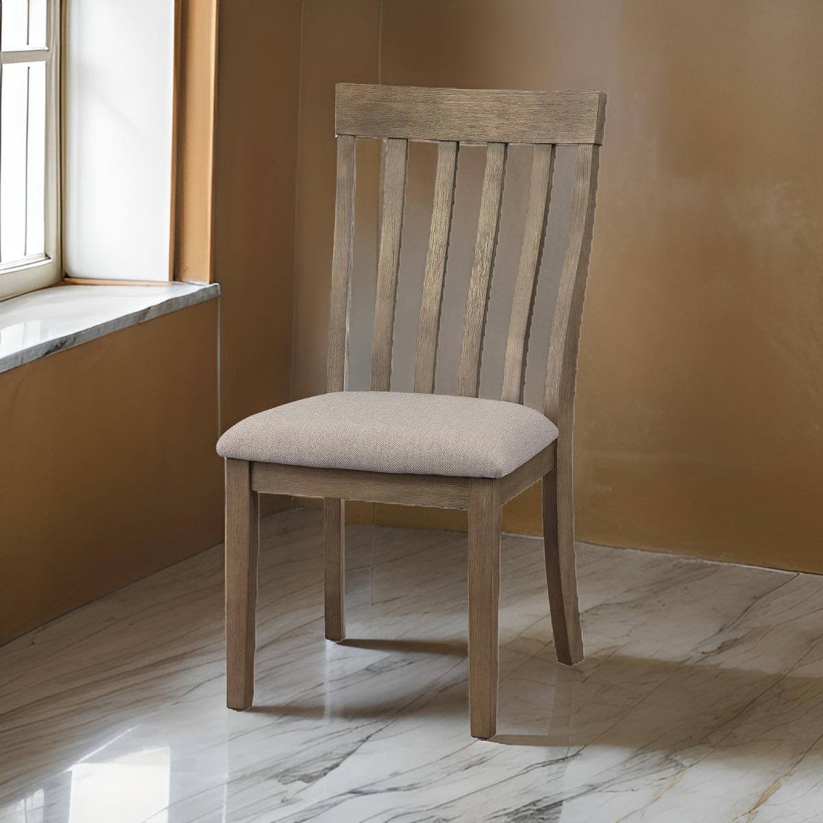 Vertical Slatted Curved Side Chair with Fabric Seat,Set of 2,Brown and Gray - BM220889