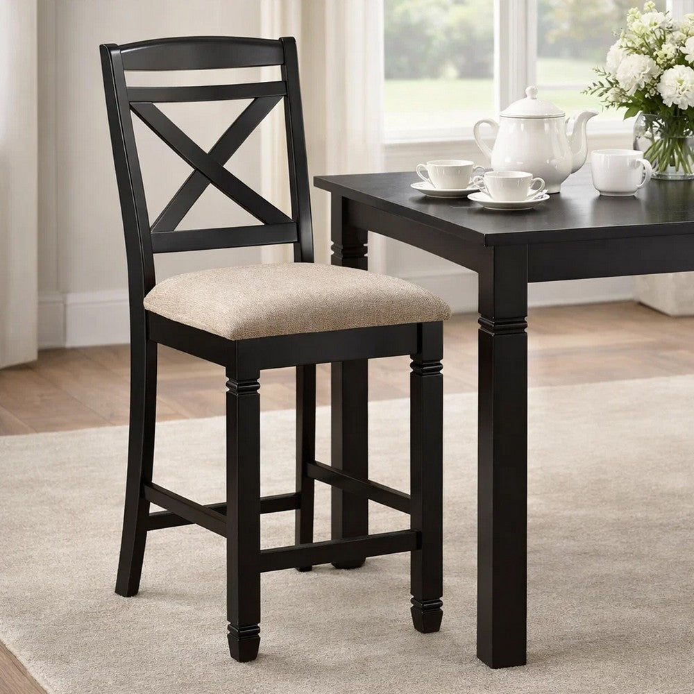Fabric Upholstered Set of 2 Wooden Counter Height Chairs with X Design Backrest, Brown - BM220932