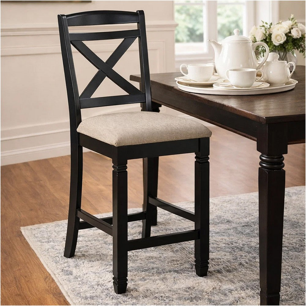 Fabric Upholstered Set of 2 Wooden Counter Height Chairs with X Design Backrest, Brown - BM220932