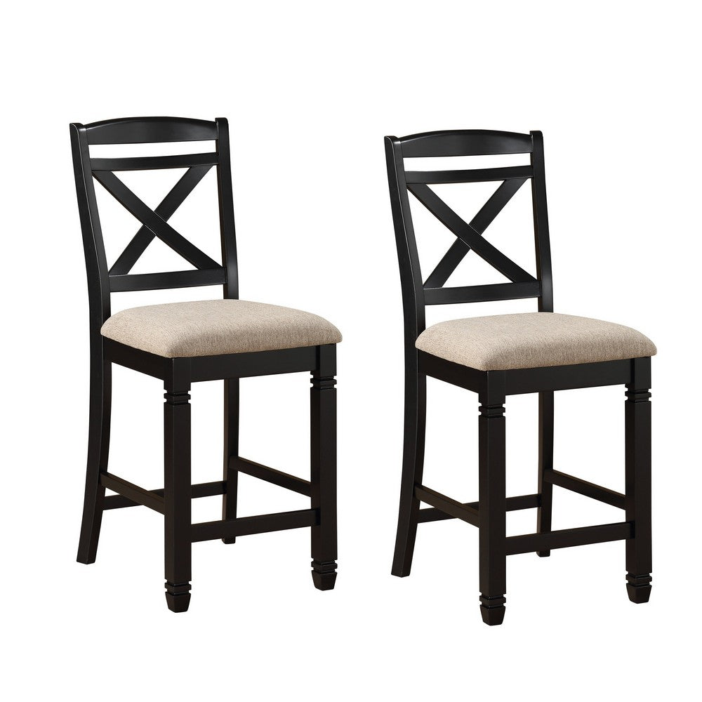 Fabric Upholstered Set of 2 Wooden Counter Height Chairs with X Design Backrest, Brown - BM220932