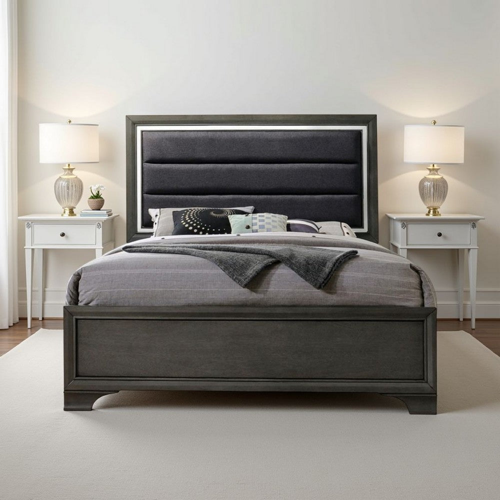 High Profile Panel Eastern King Bed with Fabric Padded Headboard, Gray - BM221297