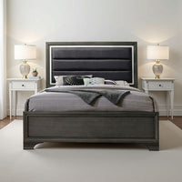 High Profile Panel Eastern King Bed with Fabric Padded Headboard, Gray - BM221297