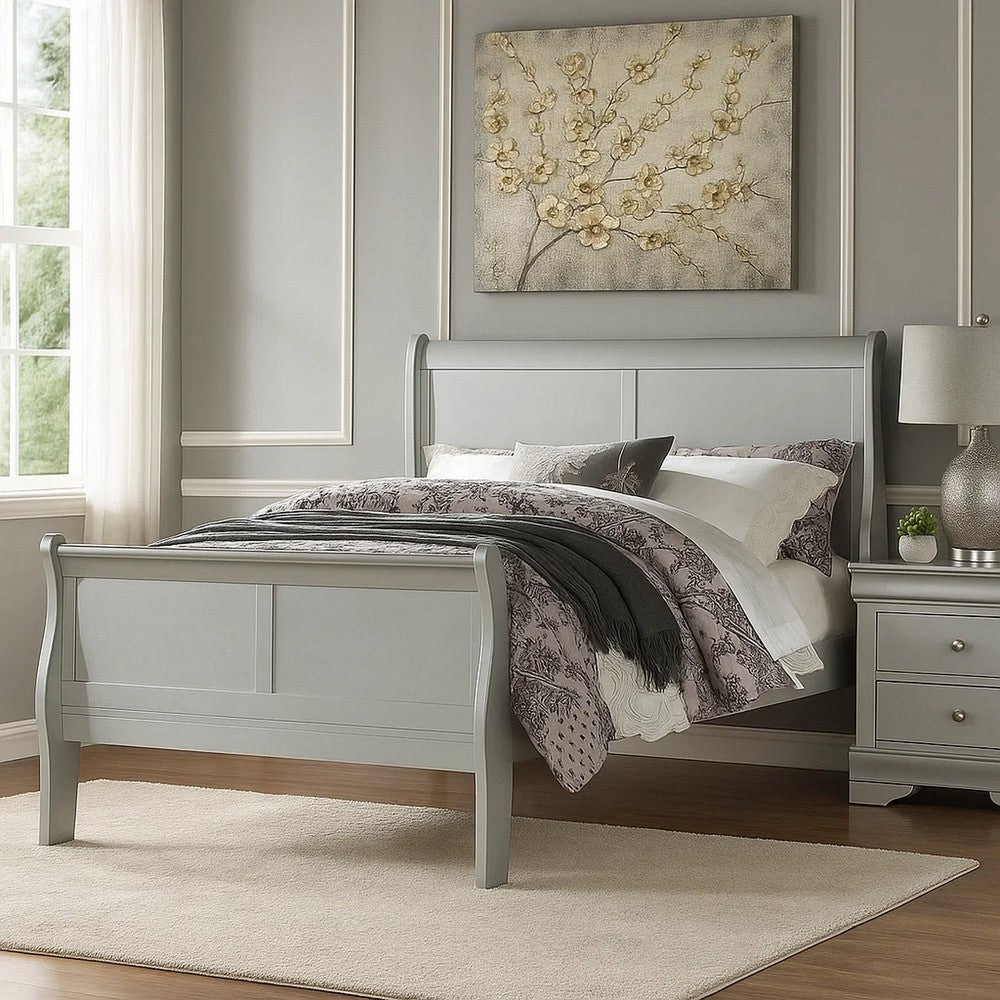 Sleigh Design Twin Size Bed with Rectangular Thin Legs, Silver - BM221308