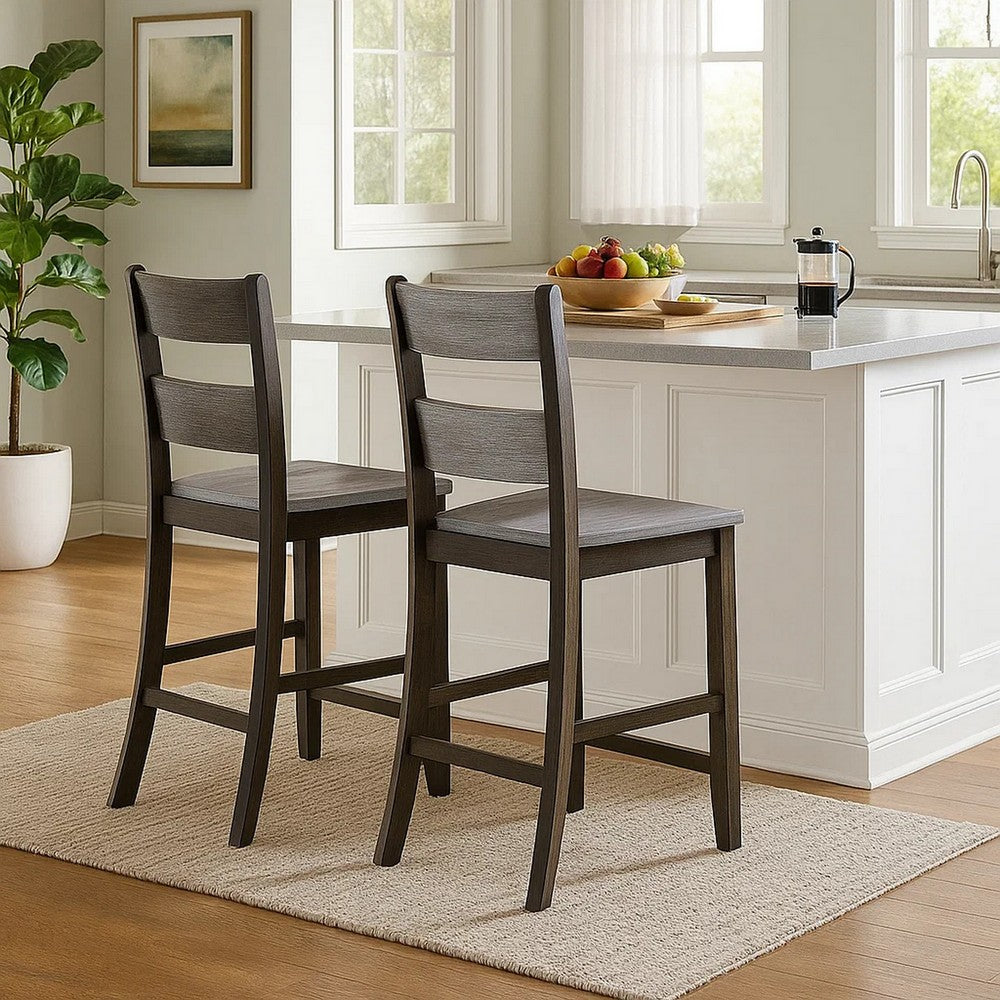 Wooden Counter Height Side Chair with Ladder Backrest, Set of 2, Dark Brown - BM221385