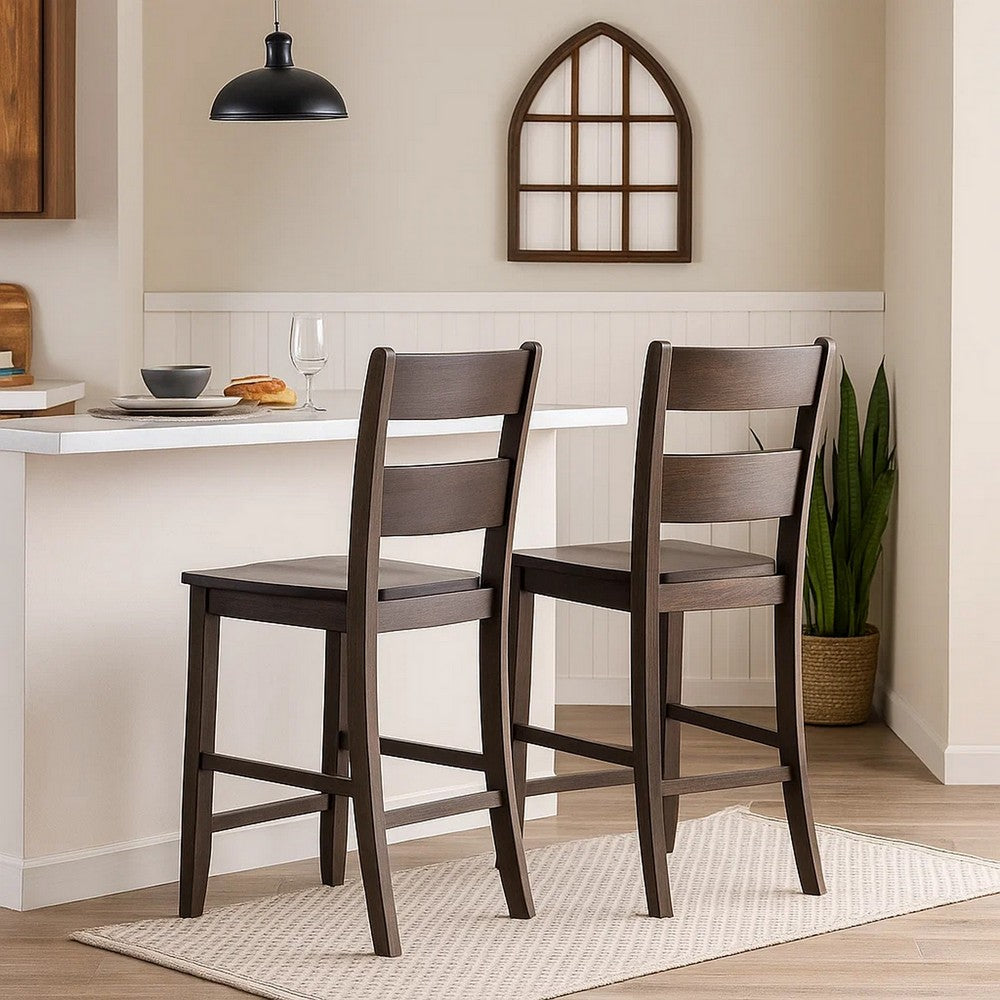 Wooden Counter Height Side Chair with Ladder Backrest, Set of 2, Dark Brown - BM221385