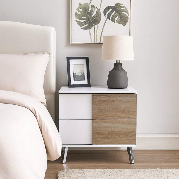 Transitional Wooden Dual Tone End Table with 2 Drawers, White and Brown - BM221389