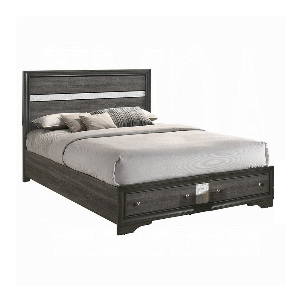 Platform Wooden Queen Size Bed with Silver Trim Accents and 2 Drawers, Gray - BM221393