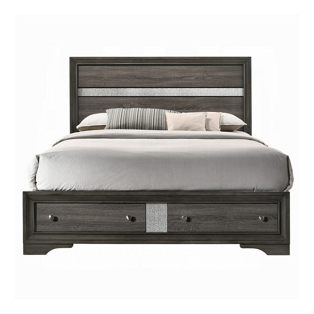 Platform Wooden Queen Size Bed with Silver Trim Accents and 2 Drawers, Gray - BM221393