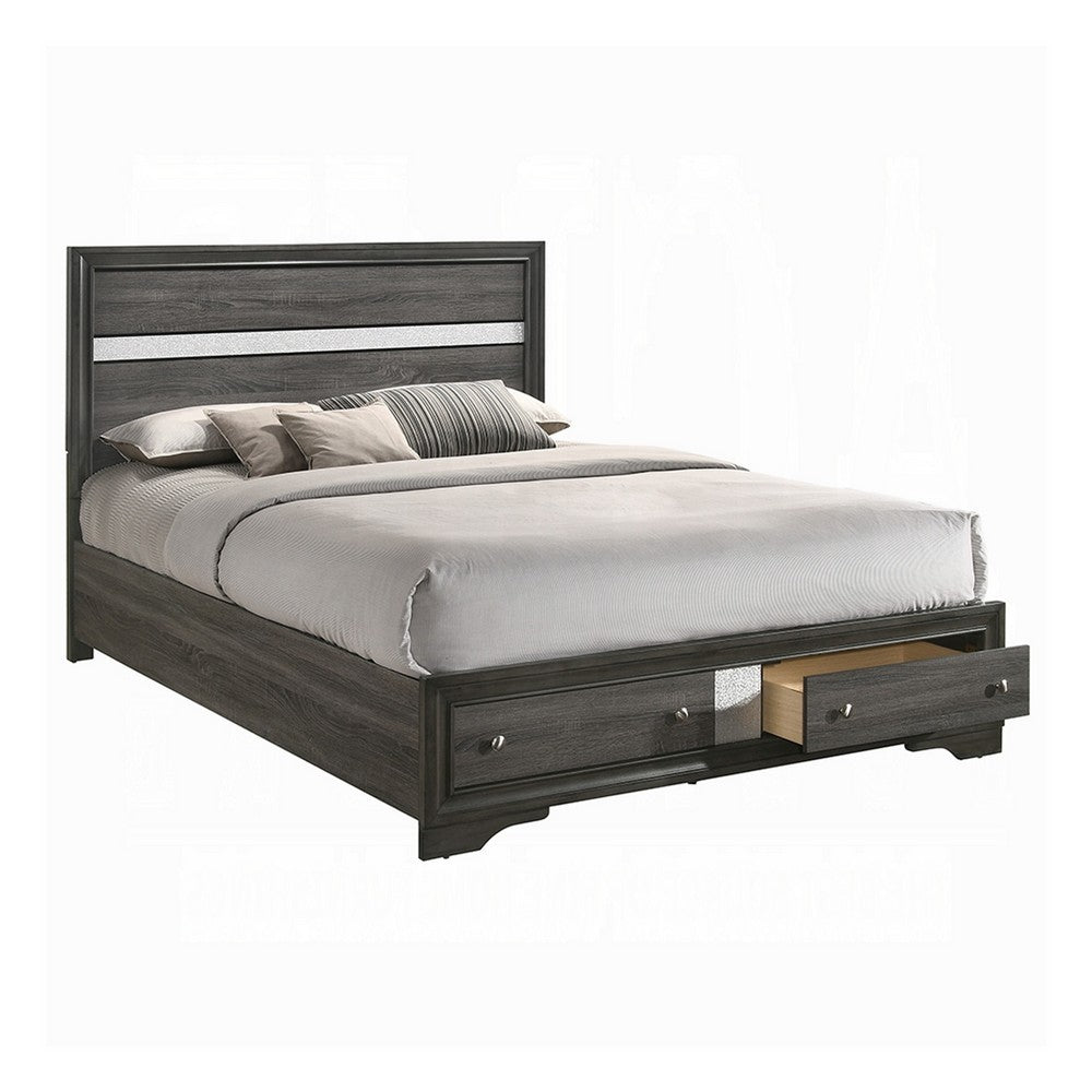Platform Wooden Queen Size Bed with Silver Trim Accents and 2 Drawers, Gray - BM221393