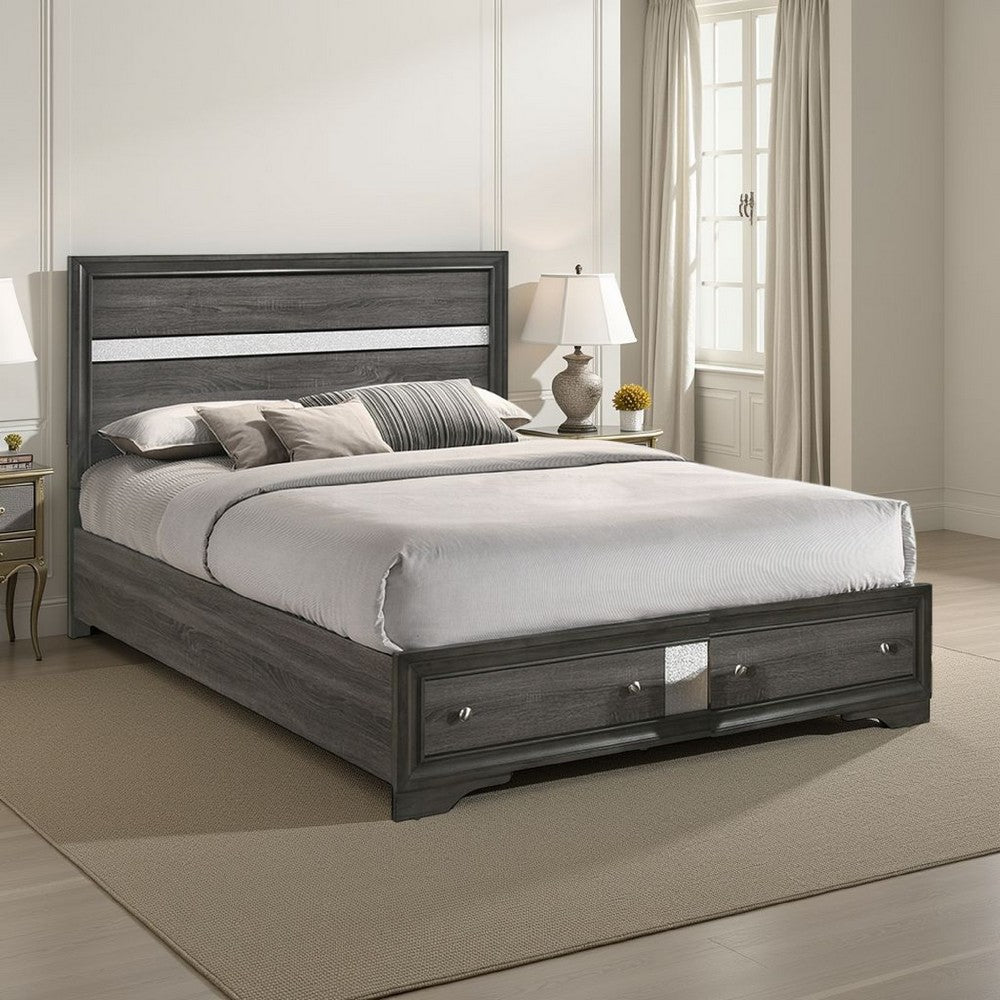 Platform Wooden Queen Size Bed with Silver Trim Accents and 2 Drawers, Gray - BM221393