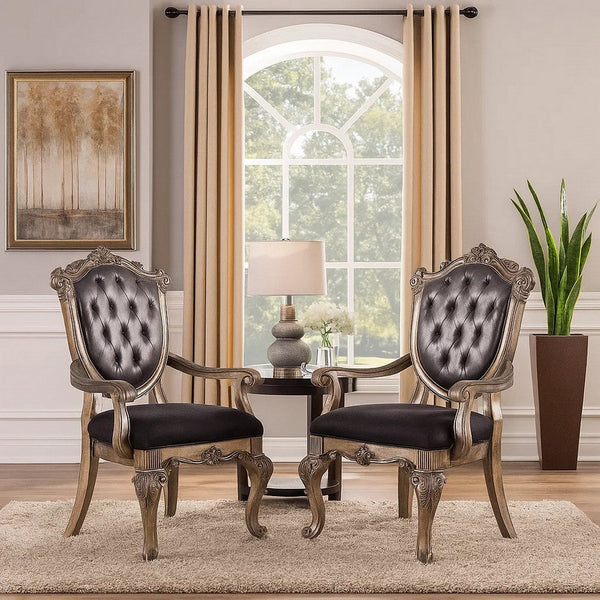 Wooden Arm Chair with Button Tufted Padded Backrest,Set of 2,Silver and Gray - BM221491