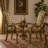 Leatherette Upholstered Arm Chair with Intricate Carvings, Set of 2, Gold - BM221496