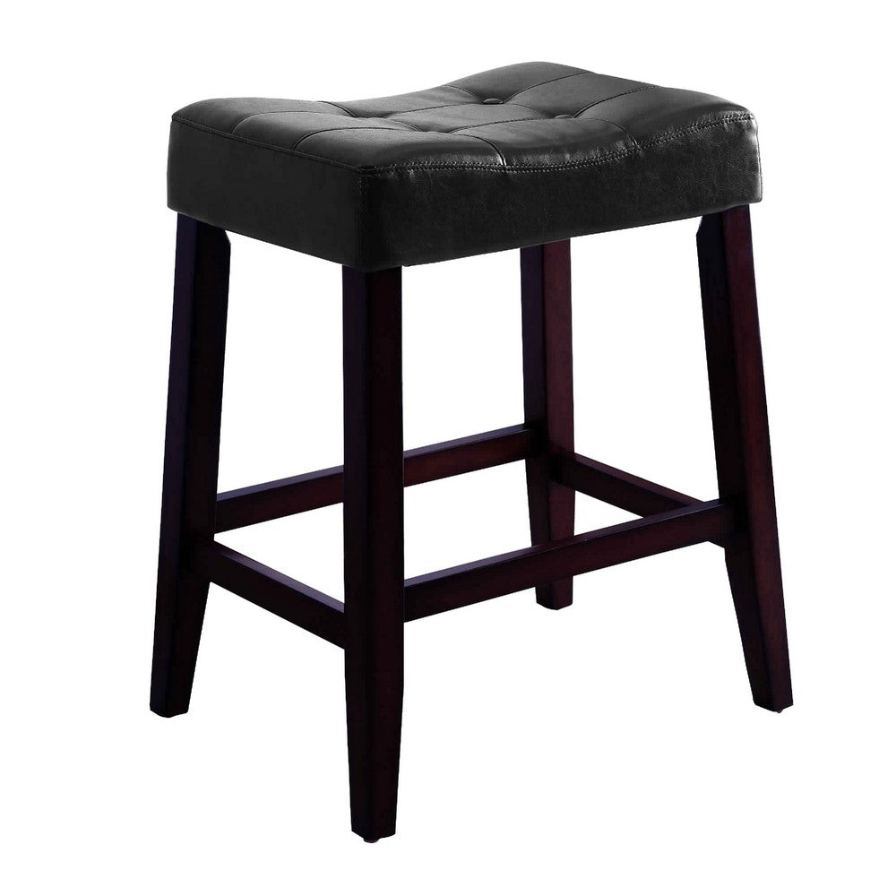 Wooden Stools with Saddle Seat and Button Tufts, Set of 2, Black and Brown - BM221549