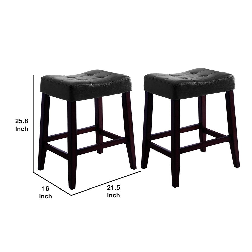Wooden Stools with Saddle Seat and Button Tufts, Set of 2, Black and Brown - BM221549