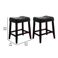 Wooden Stools with Saddle Seat and Button Tufts, Set of 2, Black and Brown - BM221549