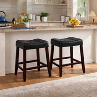 Wooden Stools with Saddle Seat and Button Tufts, Set of 2, Black and Brown - BM221549