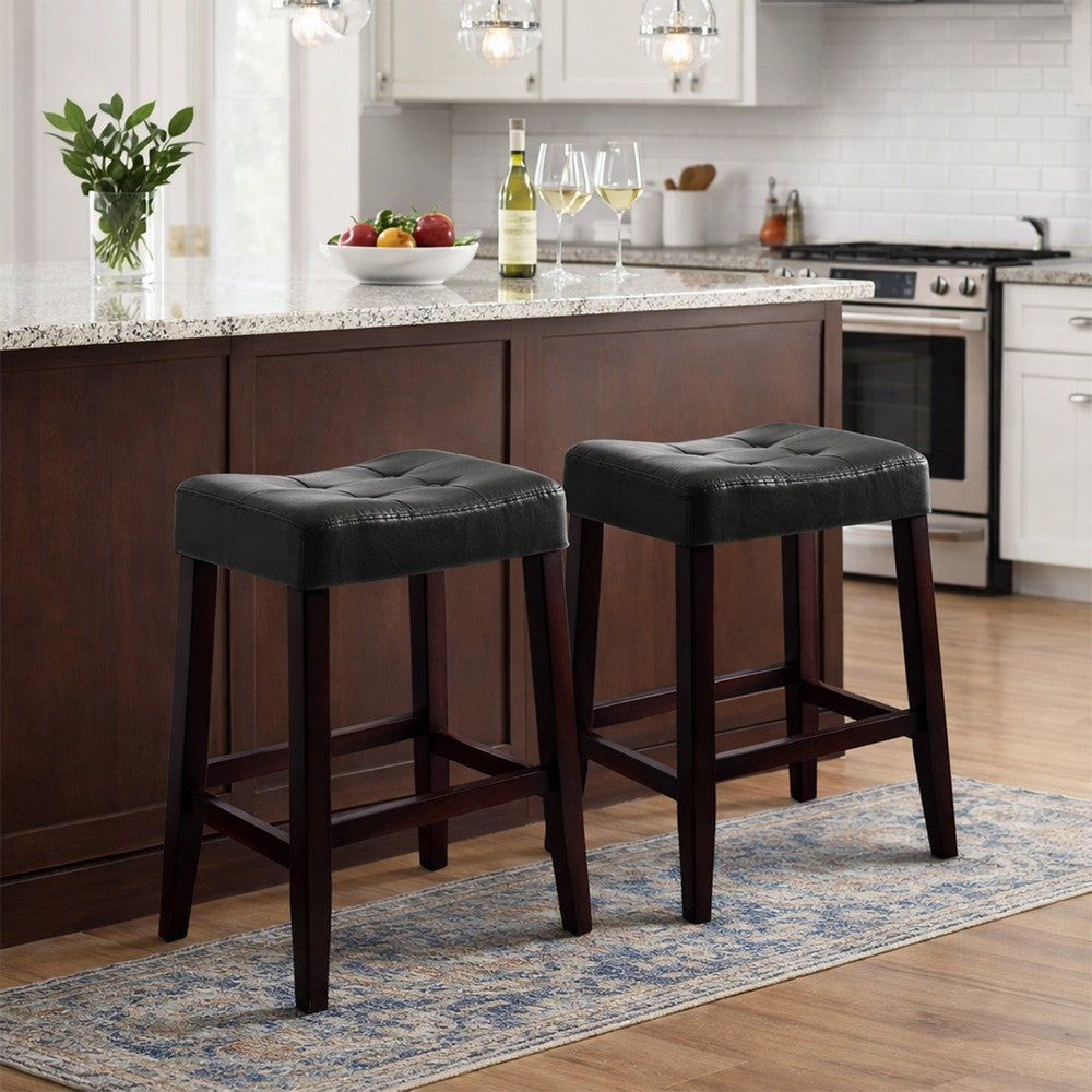 Wooden Stools with Saddle Seat and Button Tufts, Set of 2, Black and Brown - BM221549