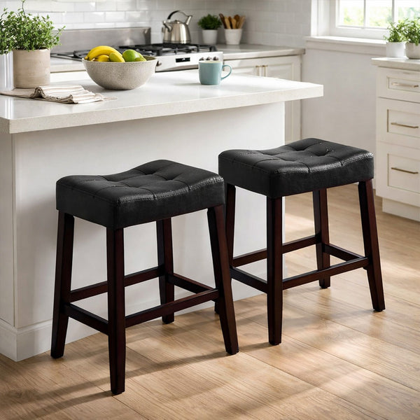 Wooden Stools with Saddle Seat and Button Tufts, Set of 2, Black and Brown - BM221549