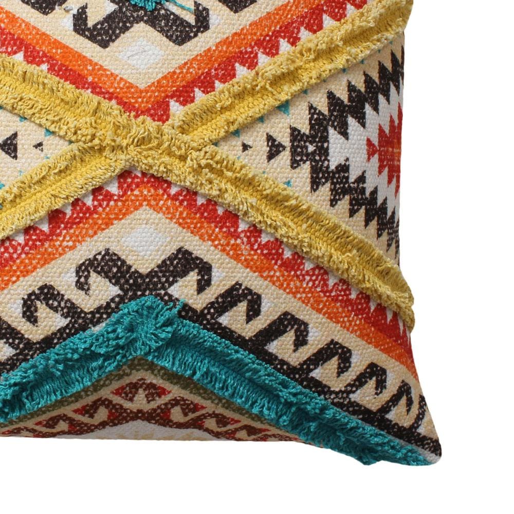 18 x 18 Square Cotton Accent Throw Pillow, Aztec Tribal Inspired Pattern, Trimmed Fringes, Set of 2, Multicolor By The Urban Port