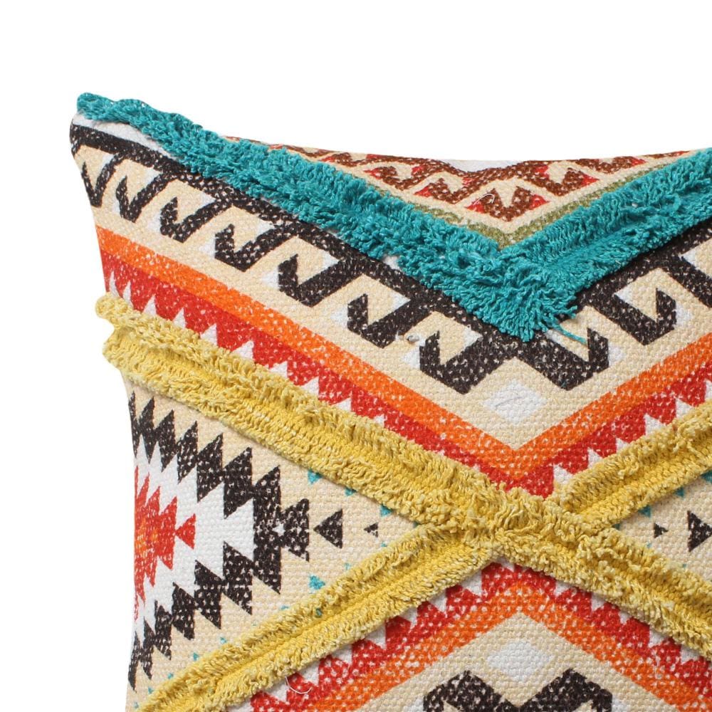 18 x 18 Square Cotton Accent Throw Pillow, Aztec Tribal Inspired Pattern, Trimmed Fringes, Set of 2, Multicolor By The Urban Port