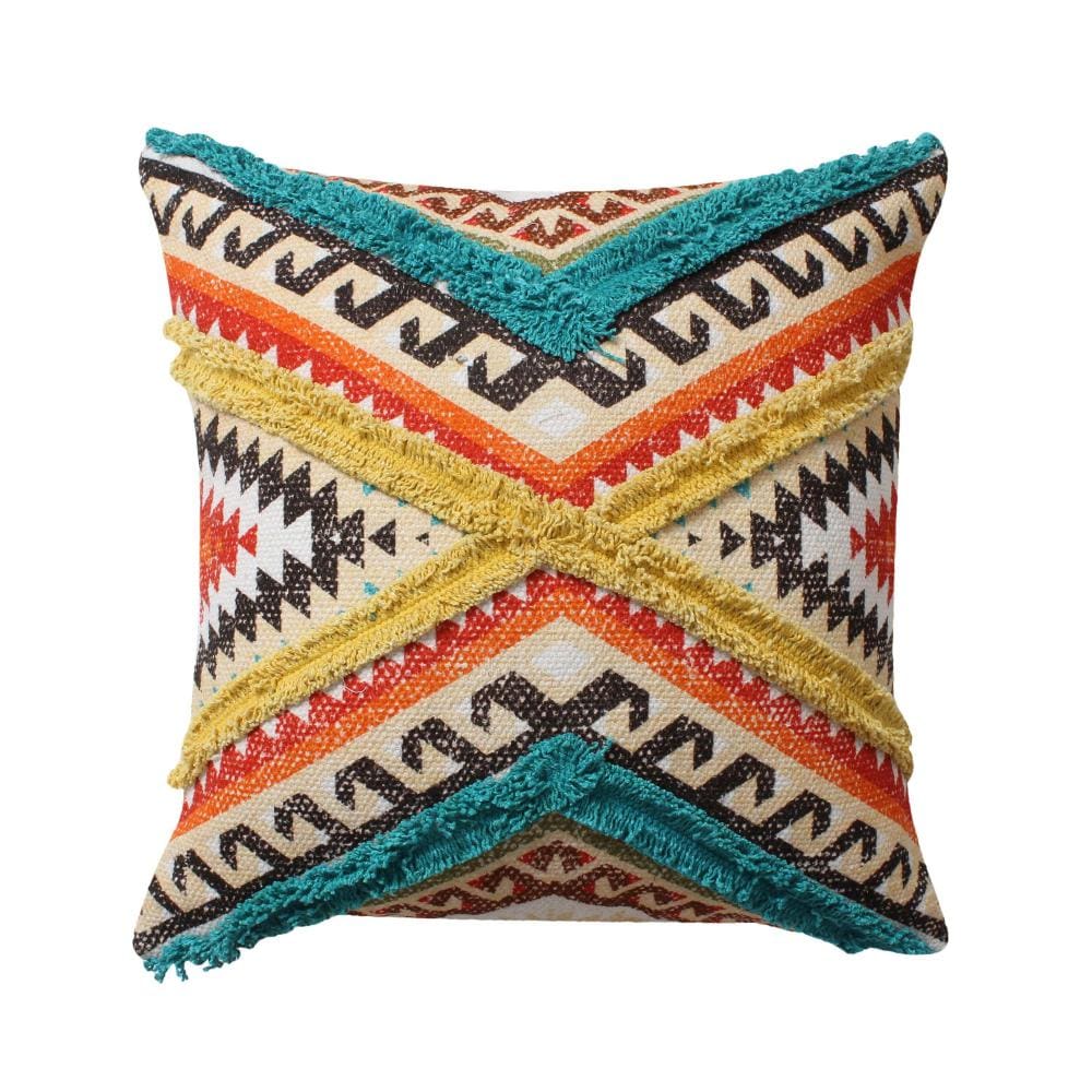 18 x 18 Square Cotton Accent Throw Pillow, Aztec Tribal Inspired Pattern, Trimmed Fringes, Set of 2, Multicolor By The Urban Port