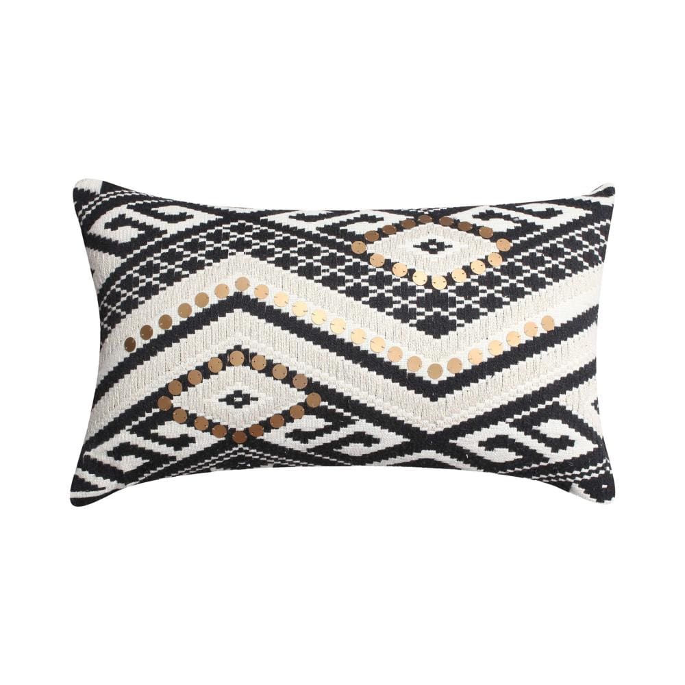 12 x 20 Rectangular Handwoven Jacquard Accent Lumbar Throw Pillow, Sequins, Geometric Design, Set of 2, White, Black By The Urban Port