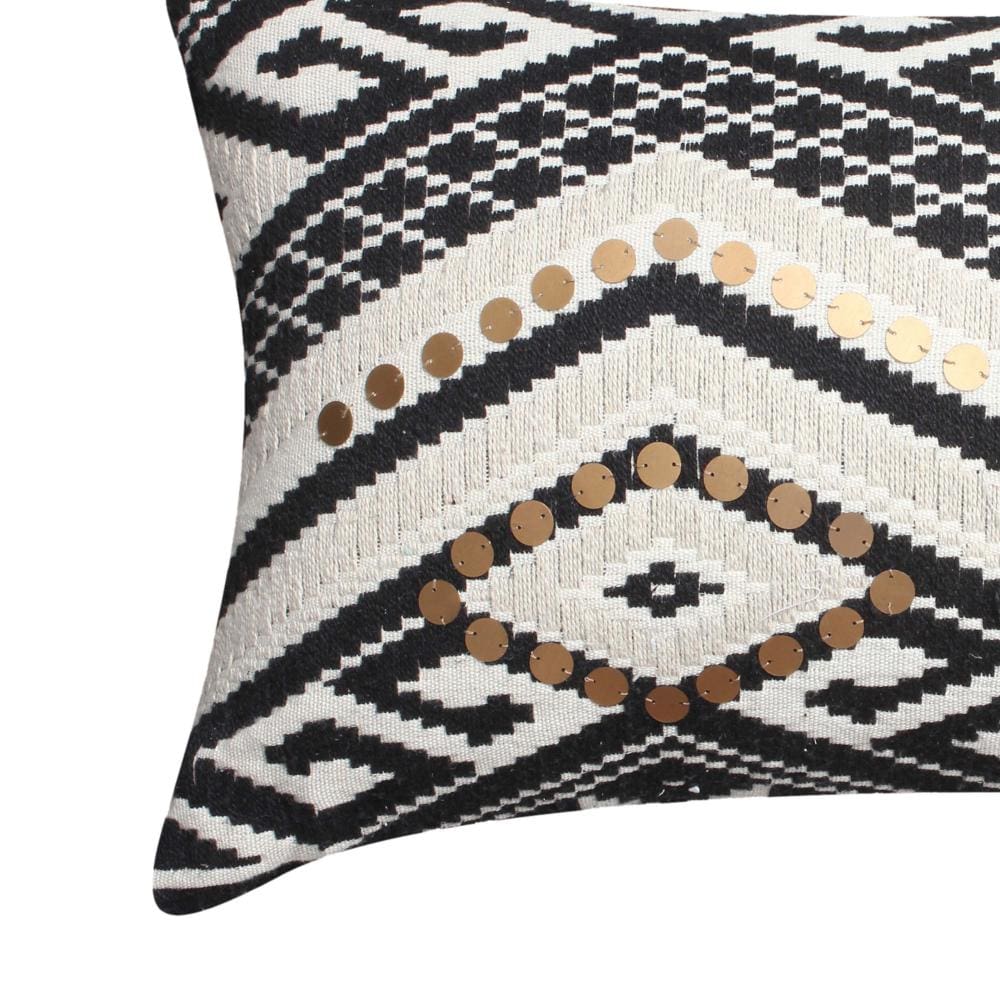 12 x 20 Rectangular Handwoven Jacquard Accent Lumbar Throw Pillow, Sequins, Geometric Design, Set of 2, White, Black By The Urban Port