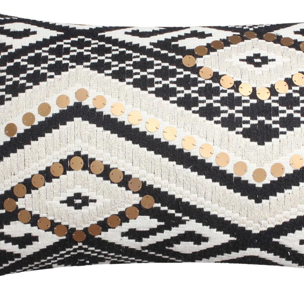 12 x 20 Rectangular Handwoven Jacquard Accent Lumbar Throw Pillow, Sequins, Geometric Design, Set of 2, White, Black By The Urban Port