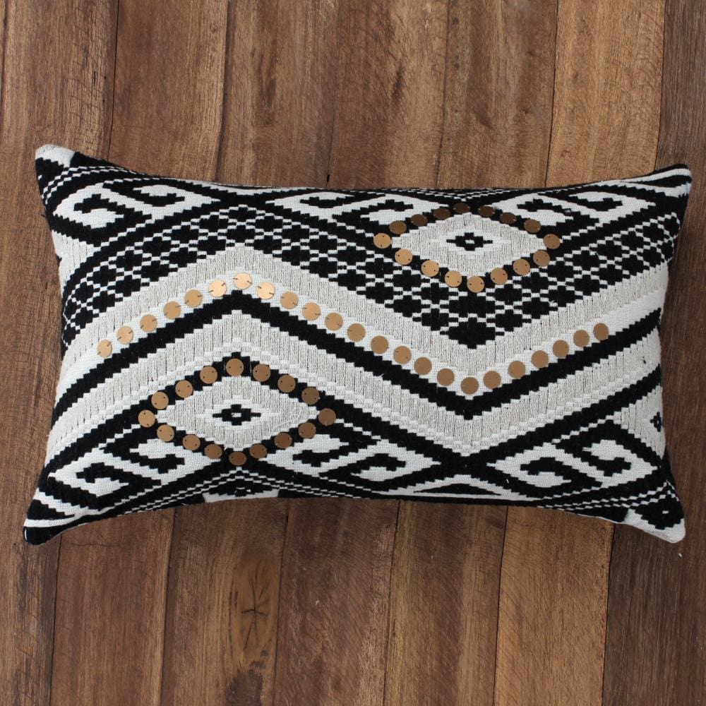 12 x 20 Rectangular Handwoven Jacquard Accent Lumbar Throw Pillow, Sequins, Geometric Design, Set of 2, White, Black By The Urban Port