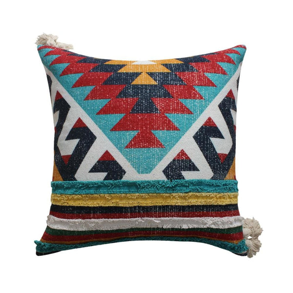 24 x 24 Square Handwoven Cotton Dhurrie Accent Throw Pillow, Aztec Kilim Pattern, Tassels, Set of 2, Multicolor By The Urban Port