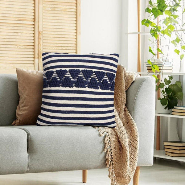 18 x 18 Handwoven Square Cotton Accent Throw Pillow, Classic Striped Pattern, Textured, Set of 2, White, Blue By The Urban Port