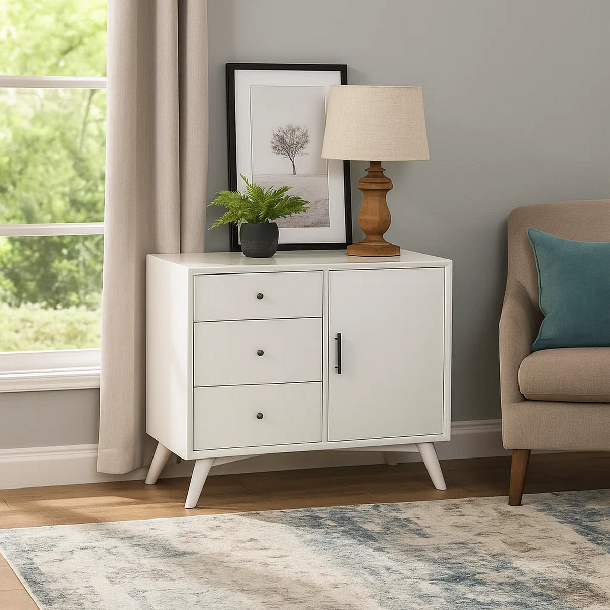 Wooden Accent Cabinet with 3 Drawers and 1 Door, White - BM222495