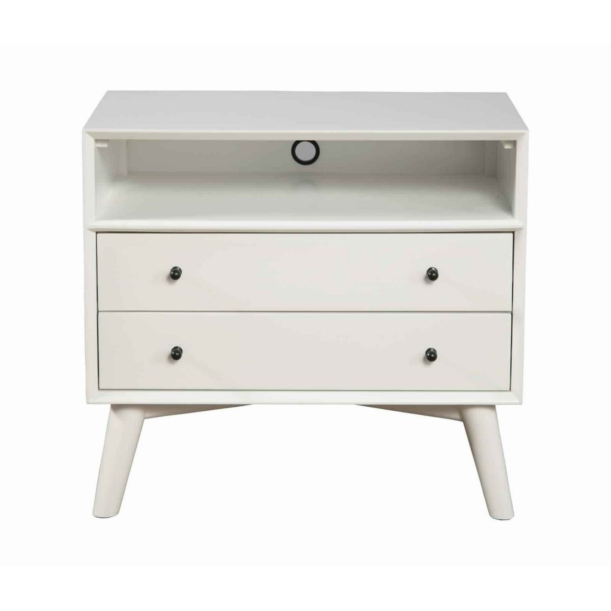 2 Drawer Wooden Nightstand with Open Compartment and Splayed Legs, White - BM222499
