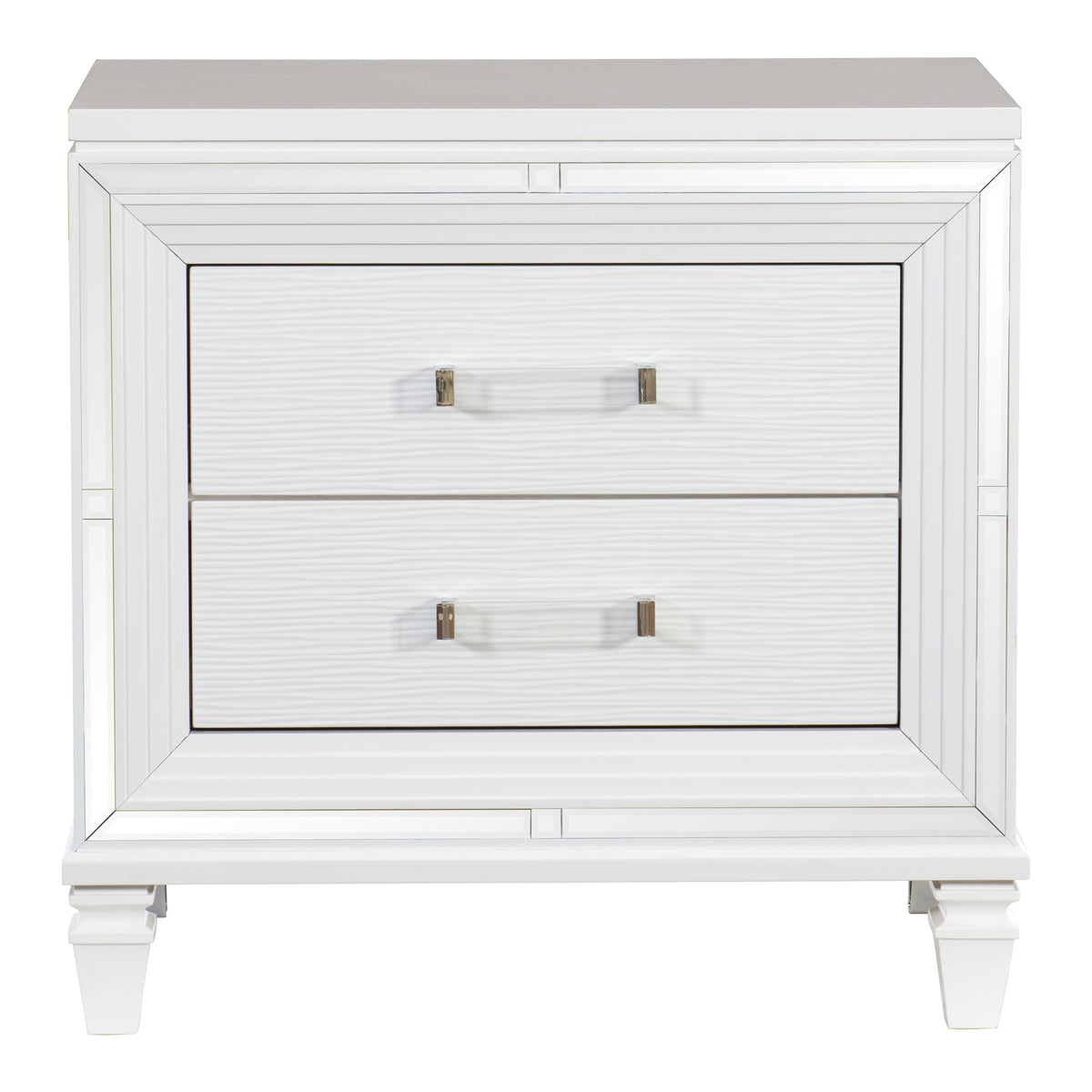 2 Drawer Wooden Nightstand with Acrylic Bar Pulls and Mirror Trim, White - BM222636