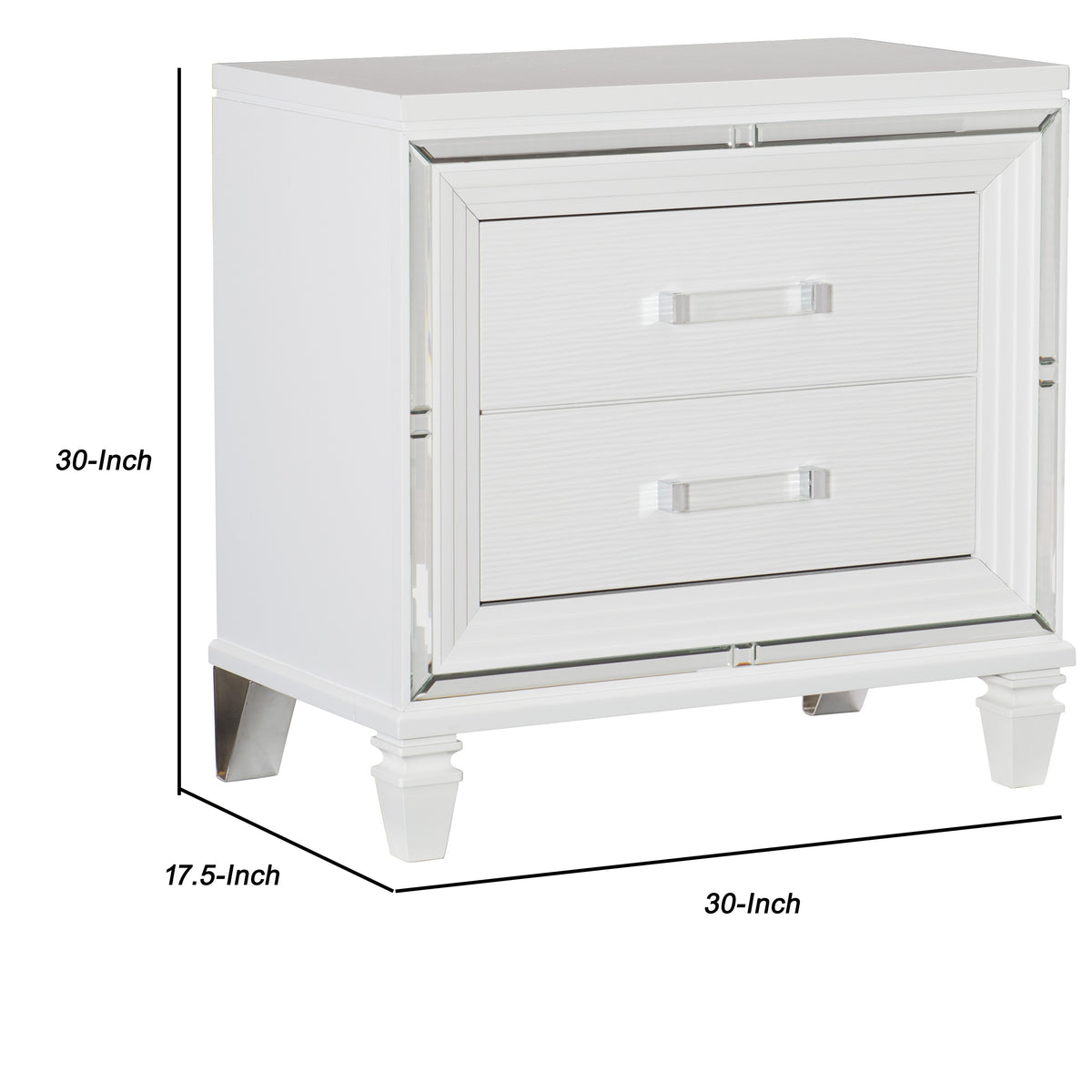 2 Drawer Wooden Nightstand with Acrylic Bar Pulls and Mirror Trim, White - BM222636