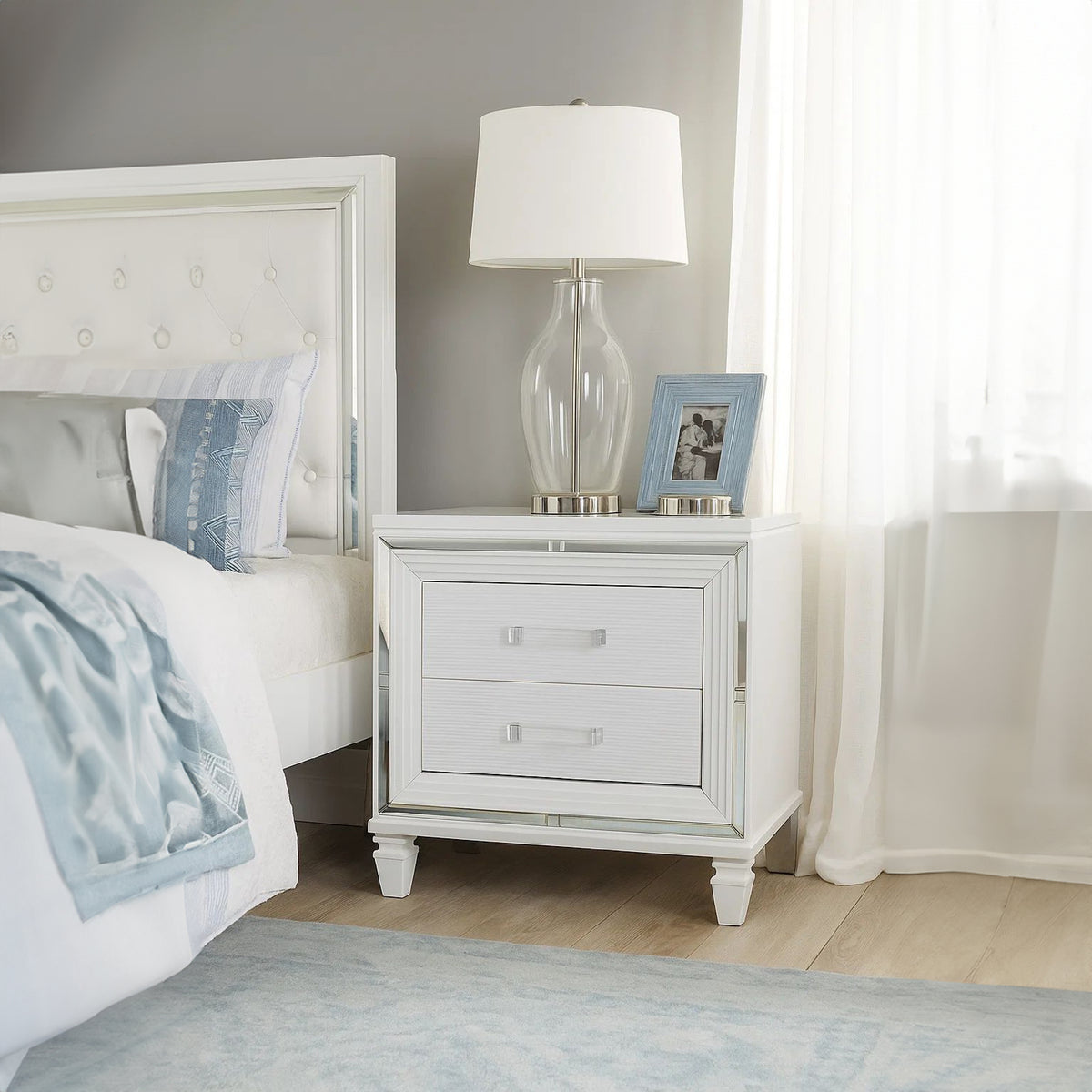 2 Drawer Wooden Nightstand with Acrylic Bar Pulls and Mirror Trim, White - BM222636
