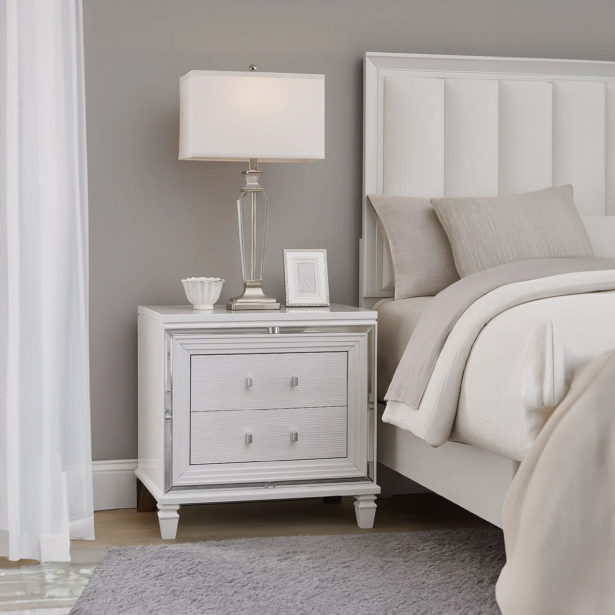 2 Drawer Wooden Nightstand with Acrylic Bar Pulls and Mirror Trim, White - BM222636