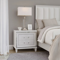 2 Drawer Wooden Nightstand with Acrylic Bar Pulls and Mirror Trim, White - BM222636