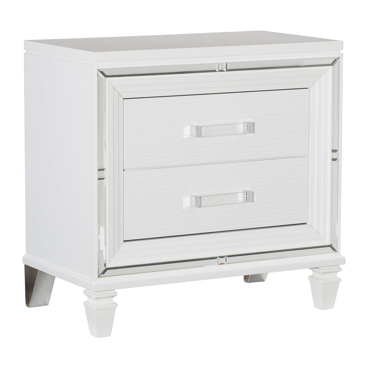 2 Drawer Wooden Nightstand with Acrylic Bar Pulls and Mirror Trim, White - BM222636
