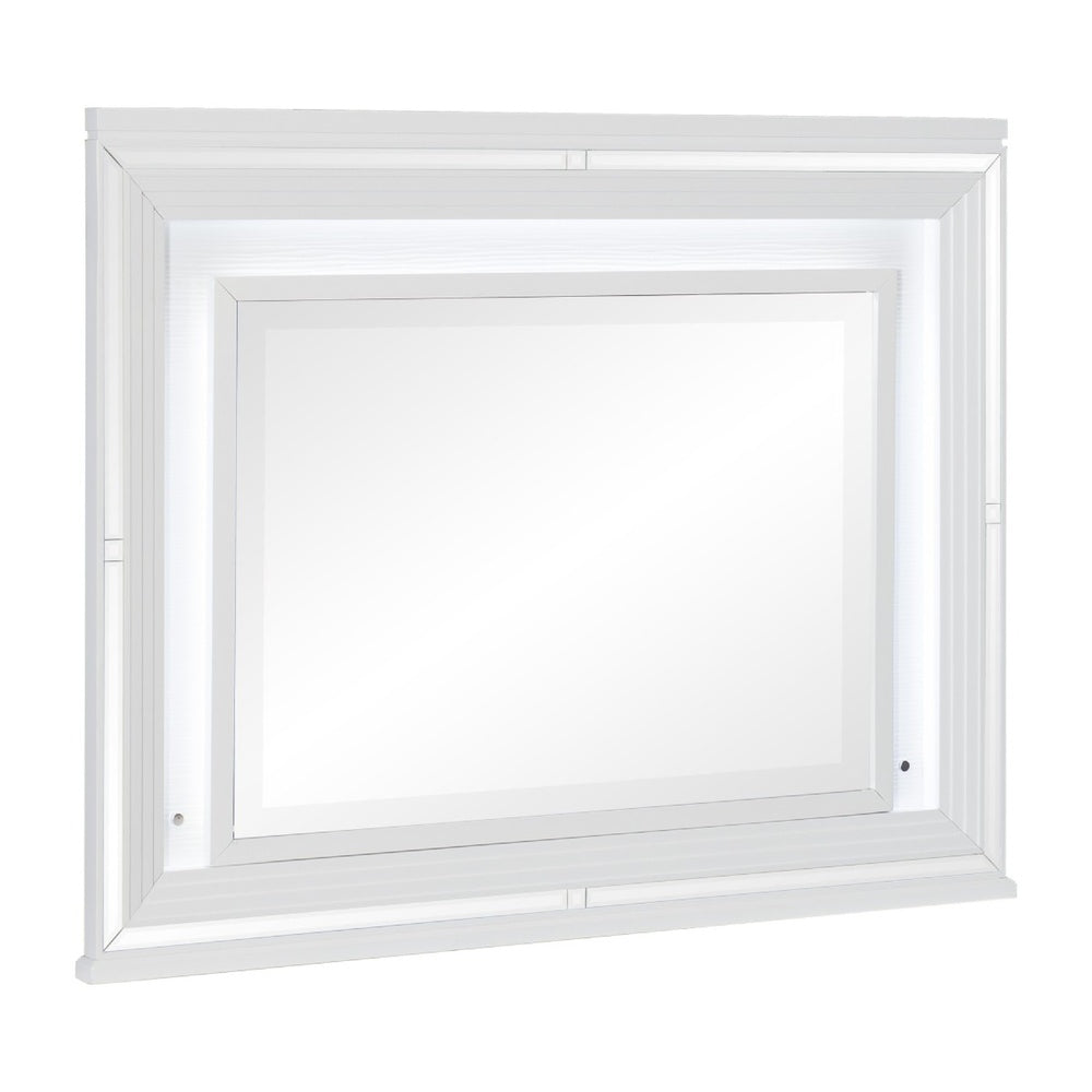 Wooden Frame Mirror with LED and Mirror Trim Accents, White  - BM222637
