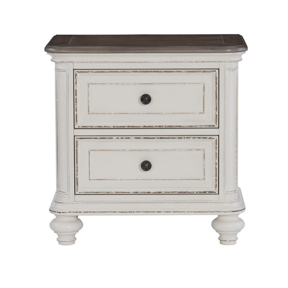 2 Drawer Wooden Nightstand with Distressed Details, Antique White and Brown - BM222641