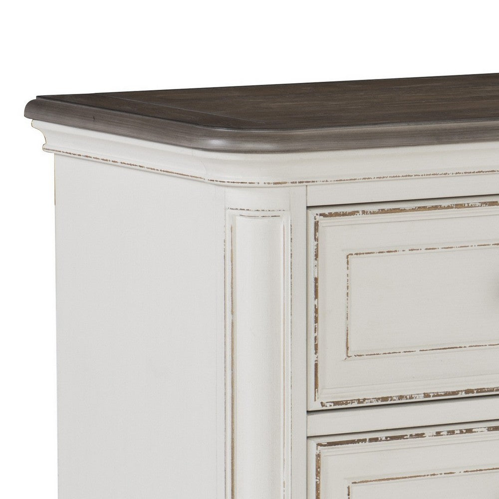 2 Drawer Wooden Nightstand with Distressed Details, Antique White and Brown - BM222641