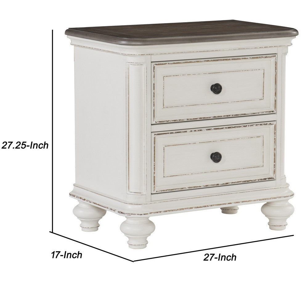 2 Drawer Wooden Nightstand with Distressed Details, Antique White and Brown - BM222641