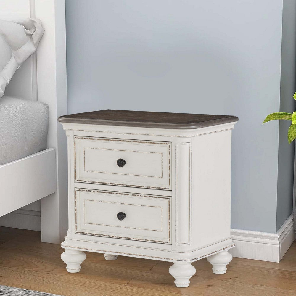 2 Drawer Wooden Nightstand with Distressed Details, Antique White and Brown - BM222641