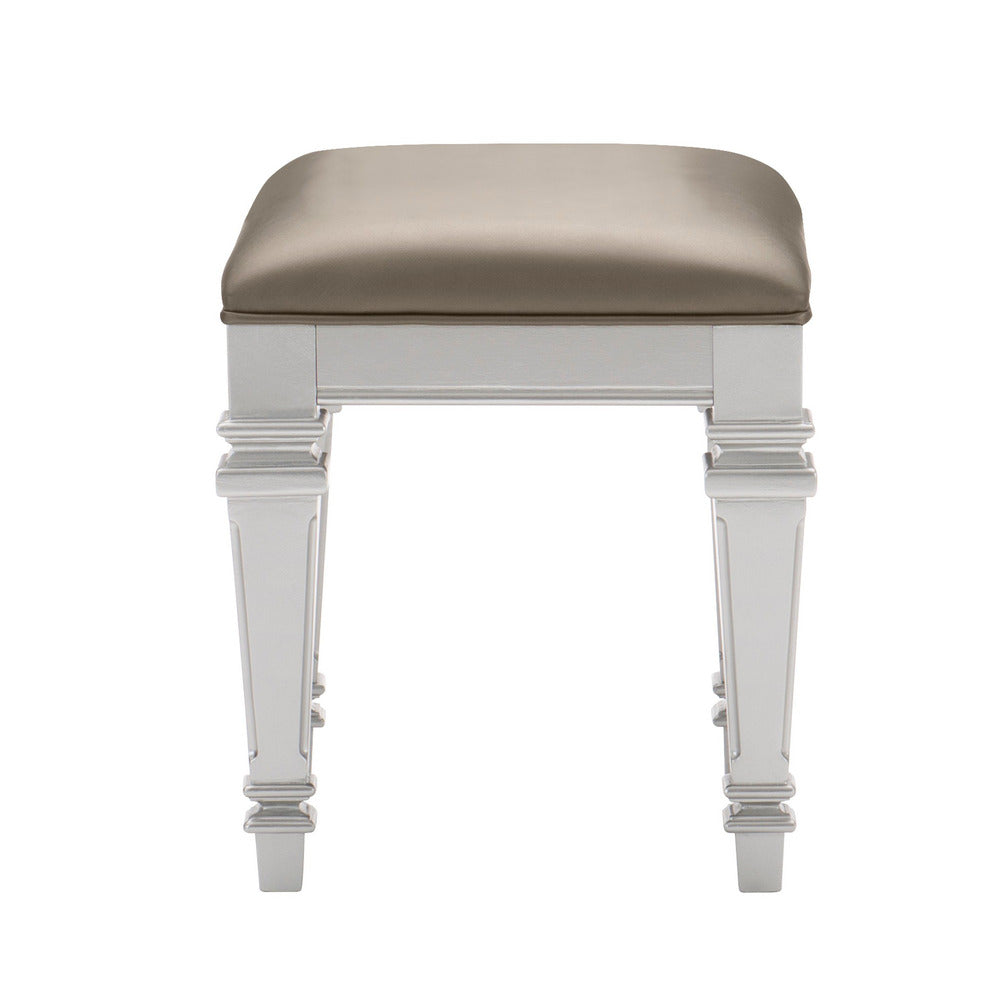 Leatherette Padded Vanity Stool with Tapered Legs and Molded Detail, Silver - BM222649